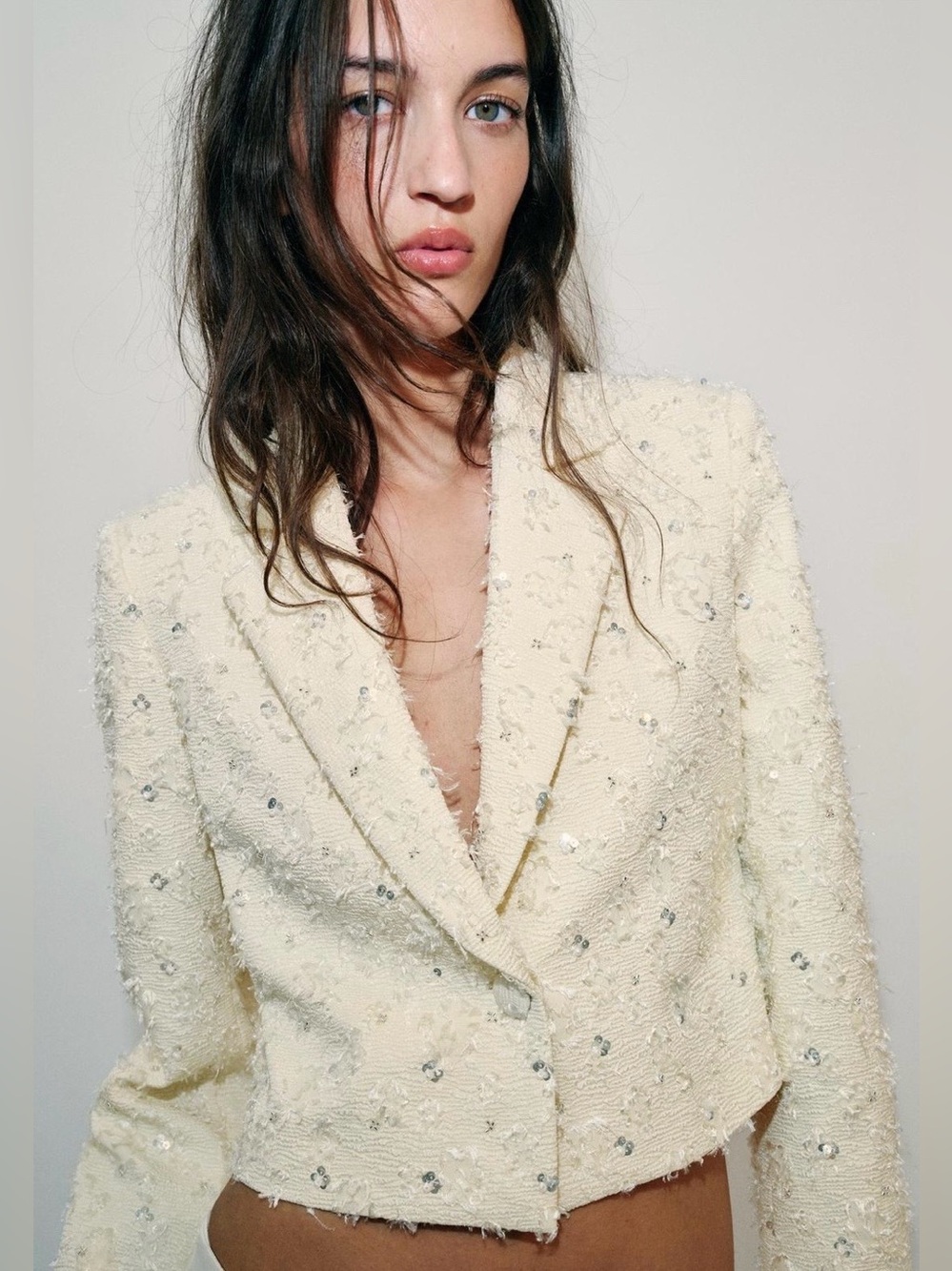 Zara NWT Ivory Sequin Embellished Textured Cropped Blazer